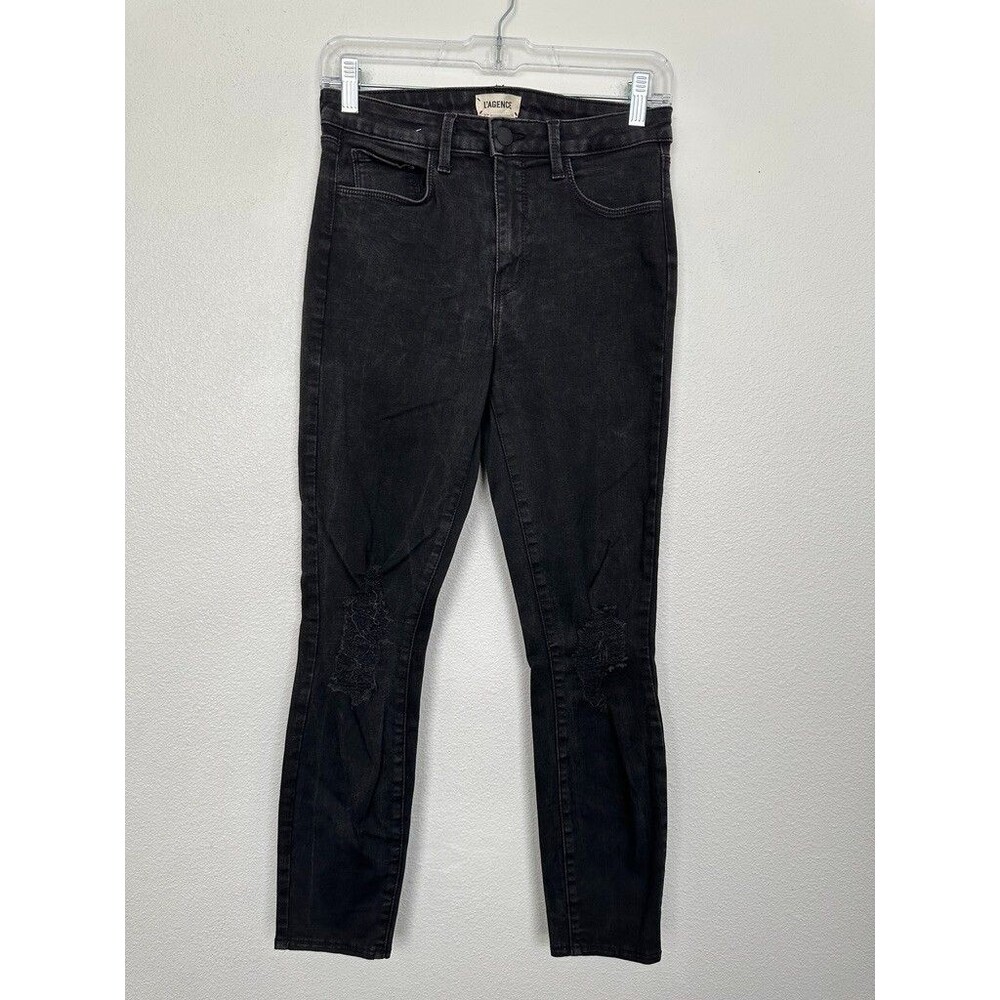 L'agence Margot Skinny Jeans Black High Rise Cotton Stretch Distressed Womens 27